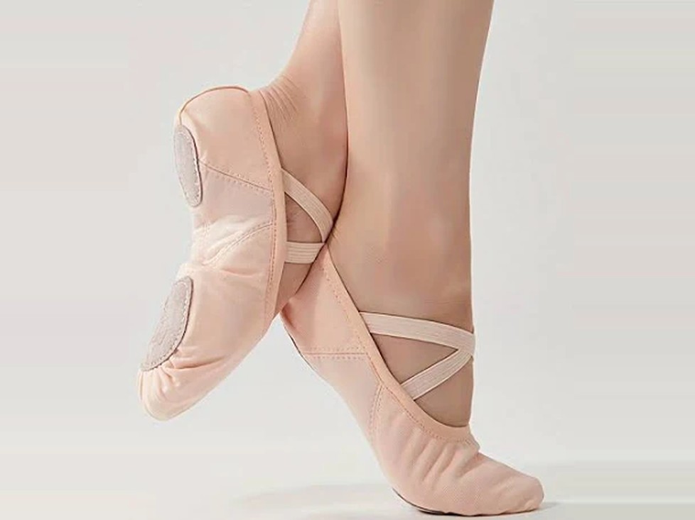 A pair of pale pink split-sole ballet slippers with crossed elastics